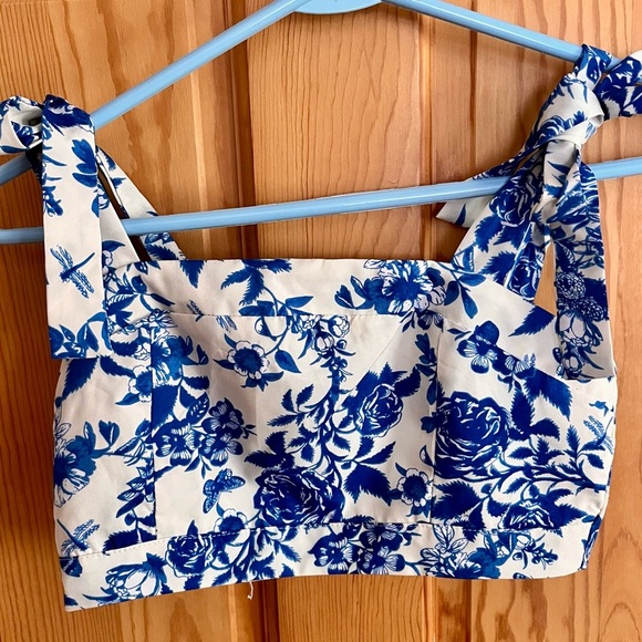 Indigo Blue and White Women's Crop Top Lined Zipper Shoulder Bow Ties Adjusts XS - Picture 3 of 11